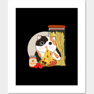 Cute chubby cat eating spaghetti. Posters and Art